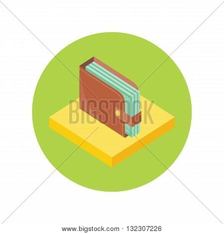 Flat isometric brown full wallet with cash money. Leather wallet with dollars. 3d leather purse with banknotes. Purse with money. Vector illustration