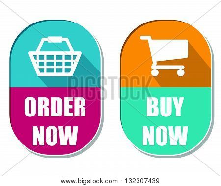 order now and buy now with shopping basket and cart symbols, two elliptic flat design labels with icons, business commerce concept, vector