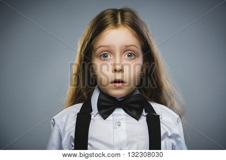 Closeup Portrait of wondering girl going surprise on gray background.