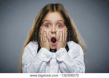 Closeup Portrait of wondering girl going surprise on gray background.