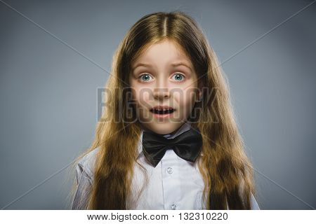 Closeup Portrait of wondering girl going surprise on gray background.
