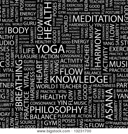 YOGA. Seamless vector background. Wordcloud illustration.