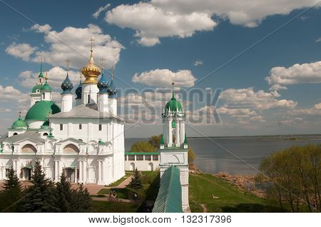 ROSTOV RUSSIA MAY 08. 2016: - Rostov the Great Spaso-Yakovlevsky Dmitriev monastery The Cathedral Of The Conception Of Anne and The Church Of Jacob Of Rostov and Nero lake