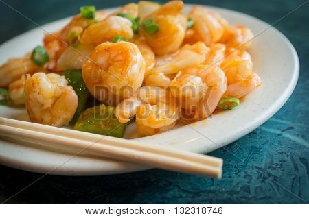 Chinese hot and spicy szechuan shrimp with green onions