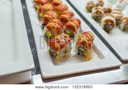 Japanese food buffet self service sushi and sashimi lunch or dinner