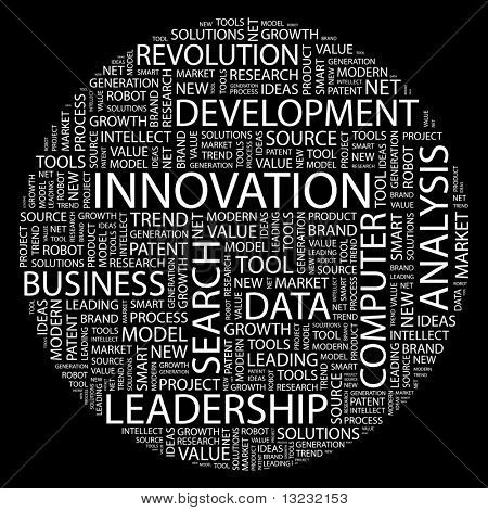 INNOVATION. Mot collage sur fond noir. Illustration vectorielle.