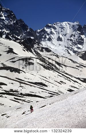Hiker In Snowy Mountains