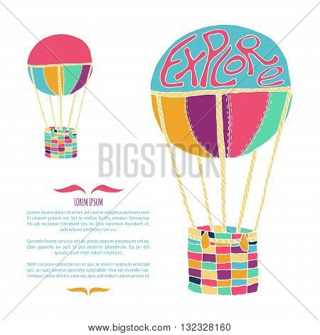 Card template with hand drawn air balloon in bright colors. Vector illustration on adventure wanderlust tourism journey