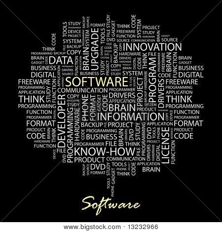 SOFTWARE. Illustration with different association terms in black background.