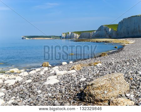 Seven Sisters National Park view of the cliffs and the beach on a low tide. East Sussex, England