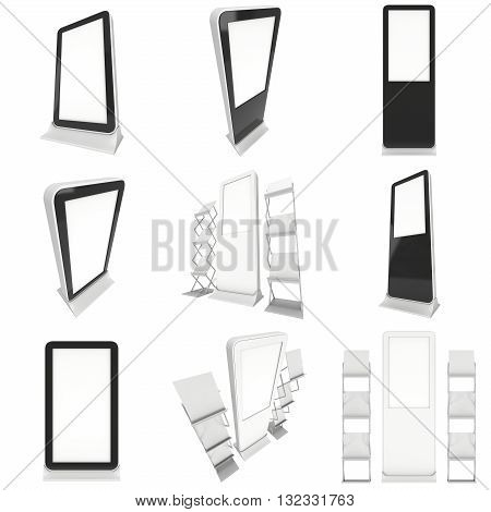 LCD Screen Floor Stand Set. Blank Trade Show Booth Collection. 3d render of lcd screen isolated on white background. High Resolution Floor Stand. Ad template for your expo design.