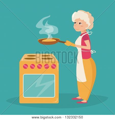 Elderly woman cooks. Vector illustration in flat style. Image for booklets, brochures, flyers, websites