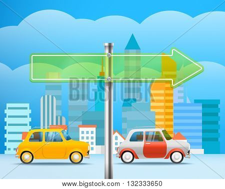 Cityscape with a glass board. City traffic illustration. Direction to the right