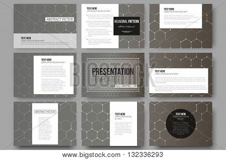 Set of 9 vector templates for presentation slides. Chemistry pattern, hexagonal design vector illustration