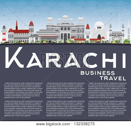 Karachi Skyline with Gray Landmarks, Blue Sky and Copy Space. Business Travel and Tourism Concept with Historic Buildings. Image for Presentation Banner Placard and Web Site.