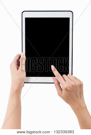 Hands holding tablet vertical white background. use clipping path