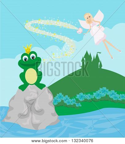 Frog Prince and fairy on castle landscape , vector illustration