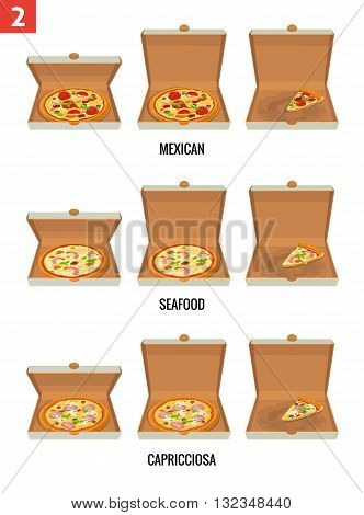 Whole pizza and slices of pizza in open and semi-open white box. Pepperoni Hawaiian Margherita. Vector isolated flat illustration for poster menus brochure web and icon