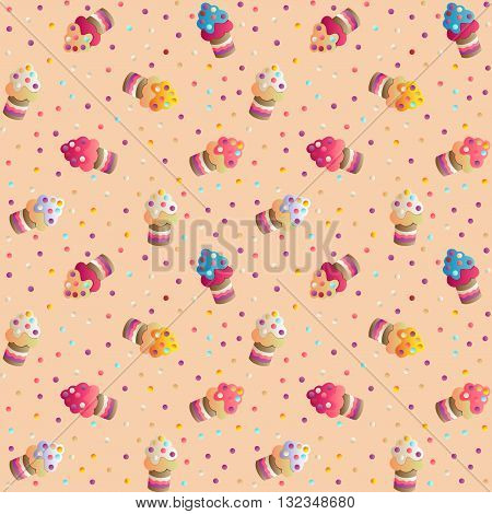 Seamless pattern with a cute appetizing cakes and candies on a beige  background