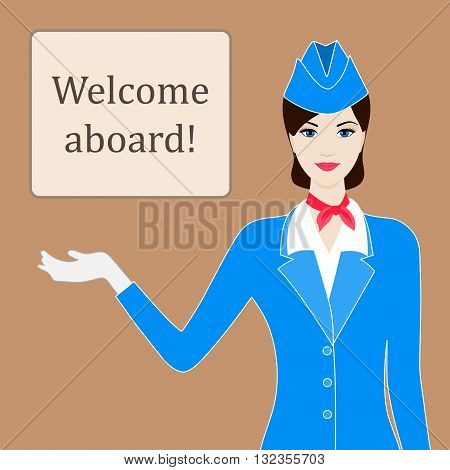 Illustration of stewardess welcoming for flight with space for text
