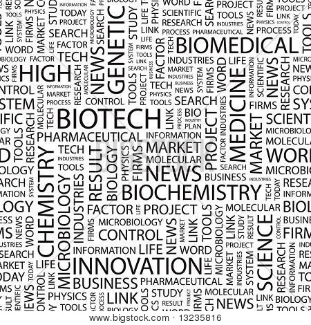 BIOTECH. Naadloze vector patroon met word cloud. Illustratie met verschillende vereniging voorwaarden.