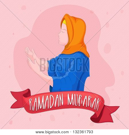 Religious Muslim Woman reading Namaz (Islamic Prayer) and creative ribbon on pink background for Holy Month of Prayers Ramadan Kareem celebration.