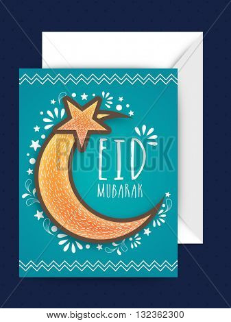 Beautiful crescent moon and star decorated greeting card design with envelope for Muslim Community Festival, Eid Mubarak celebration.