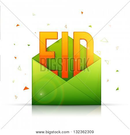 Glossy Text Eid coming out from Green Envelope for Islamic Famous Festival celebration.