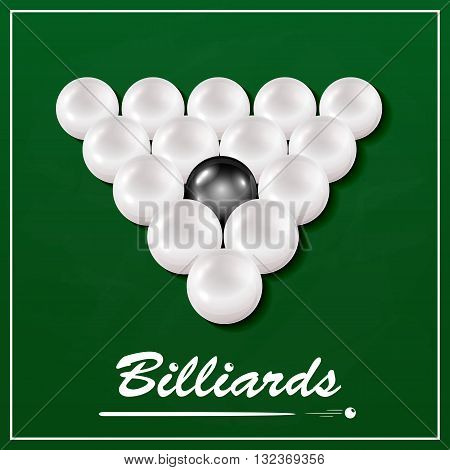 The inscription Billiards and billiard table with balls, set of white billiard balls and one black billiard ball on a green cloth background, illustration.