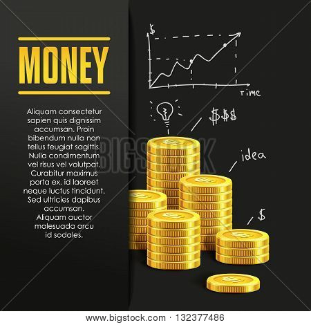 Money poster or banner design template with golden coins and copy space for text. Vector illustration. Money making. Bank deposit. Financials. Gold and black colors. Business finans vector background.