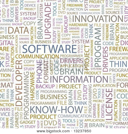 SOFTWARE. Seamless vector pattern with word cloud. Illustration with different association terms.