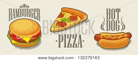 Hamburger pizza hotdog. Set fast food. Vector isolated flat illustration for poster menus brochure web and icon.
