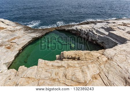 Green waters of Giola Natural Pool in Thassos island, East Macedonia and Thrace, Greece