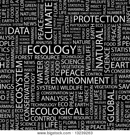ECOLOGY. Seamless vector background. Illustration with different association terms.