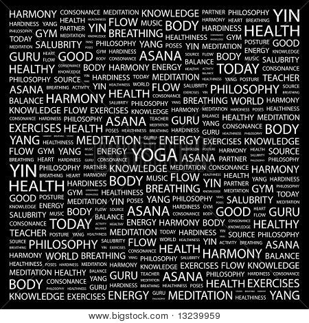 YOGA. Word collage on black background. Illustration with different association terms.