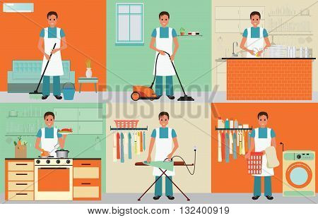 House husband cleaning ironing cooking and washing with equipment working at home man househusband set character vector illustration.