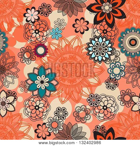 Mandala pattern floral elements decorative ornament. Seamless pattern orange background. Arab Asian ottoman motifs. Vector illustration