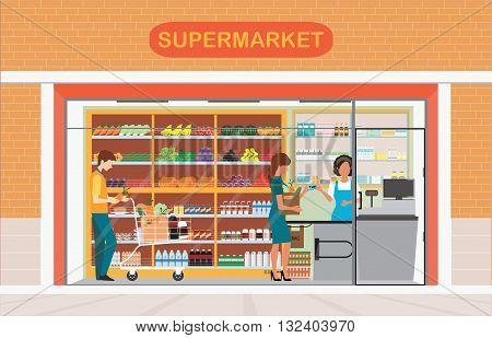 People in supermarket grocery store Supermarket building and interior with fresh food on shelves and counter cashier Flat vector illustration.