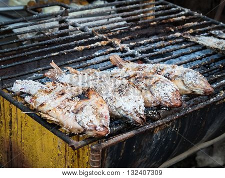 Salted grill fish (Nile tilapia Mango fish Nilotica) on metal kiln Thai food culture
