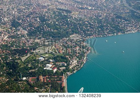 Aerial view of the Turkish city of Istanbul where the Asian side meets the Bosphorus strait around the suburb of Uskudar.