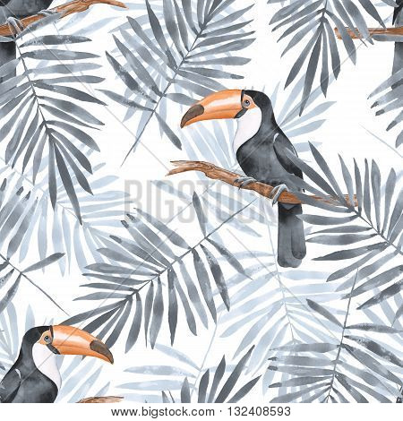 Palm leaves and Toucan. Watercolor seamless pattern 2