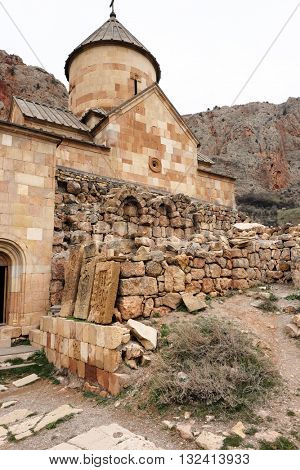 Ancient monastery Noravank in the mountains in Amaghu valley, Armenia. Was founded in 1205. 