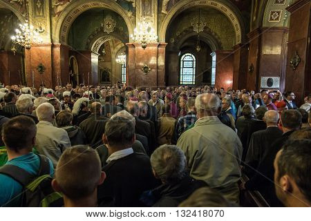 Piekary Slaskie Poland May 29 2016 .: The interior of the Basilica of Our Lady of Piekary before the solemn pilgrimage of men and youths to the Virgin Mary