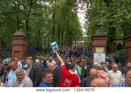 Piekary Slaskie Poland May 29 2016 .: The annual gala men and youths Pilgrimage to Our Lady of Piekary Slaskie. Men at a ceremony at the Calvary hill.