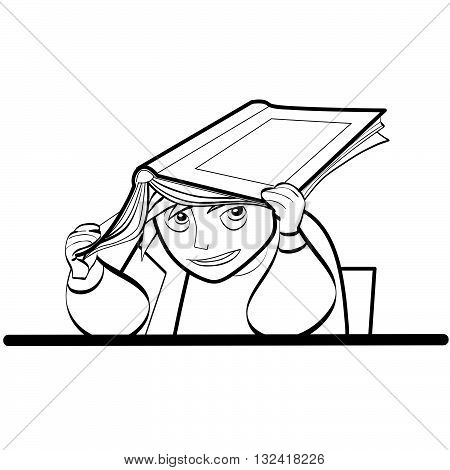 a schoolboy at a Desk with textbook line art caricature. Lifestyle. School life. The kids at school