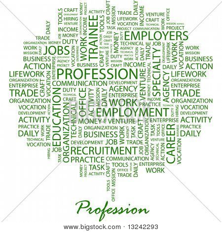 PROFESSIONE. Collage di parola su sfondo bianco. Illustrazione con termini differenti associazione.