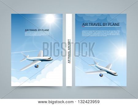 Air travel by plane, Modern airplane sun banners, Cover A4 size, Airplane taking off at sunset, Airline transportation, Vector illustration