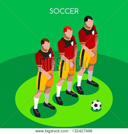 Soccer Player Athlete Summer Games Icon Set.3D Isometric Soccer Team Barrier Players.Sporting International Competition Championship.Sport Soccer Infographic Football Vector Illustration.