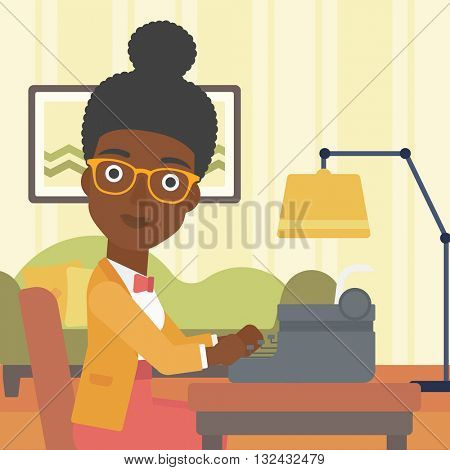 An african-american reporter writing an article on typewriter on the background of living room vector flat design illustration. Square layout.