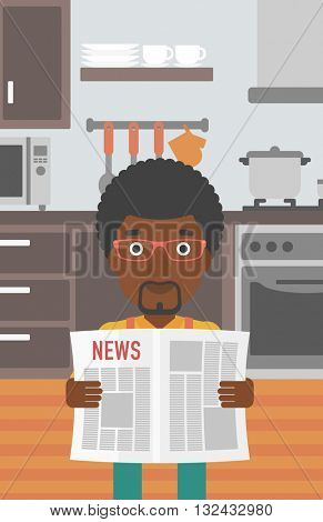 An african-american man reading the newspaper on the background of kitchen vector flat design illustration. Vertical layout.